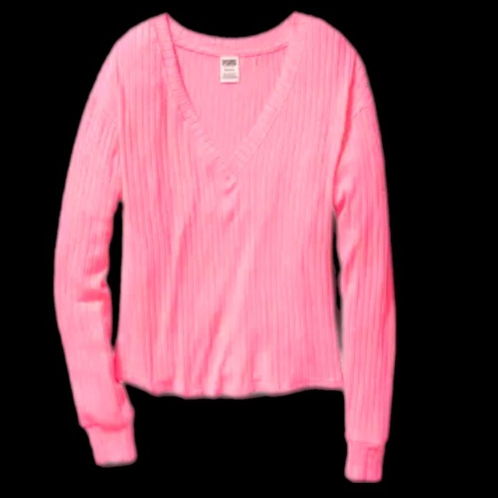 Victorias Secret Pink Supersoft Cozy Ribbed Thermal V-neck Pullover top pink